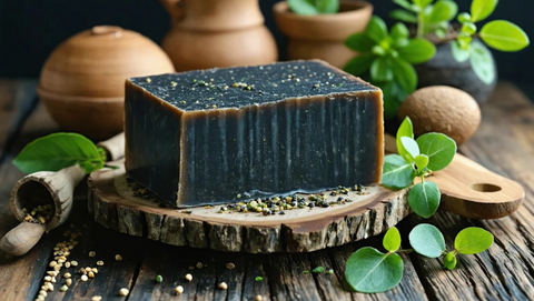 African black soap bar on wooden board with herbs and leaves